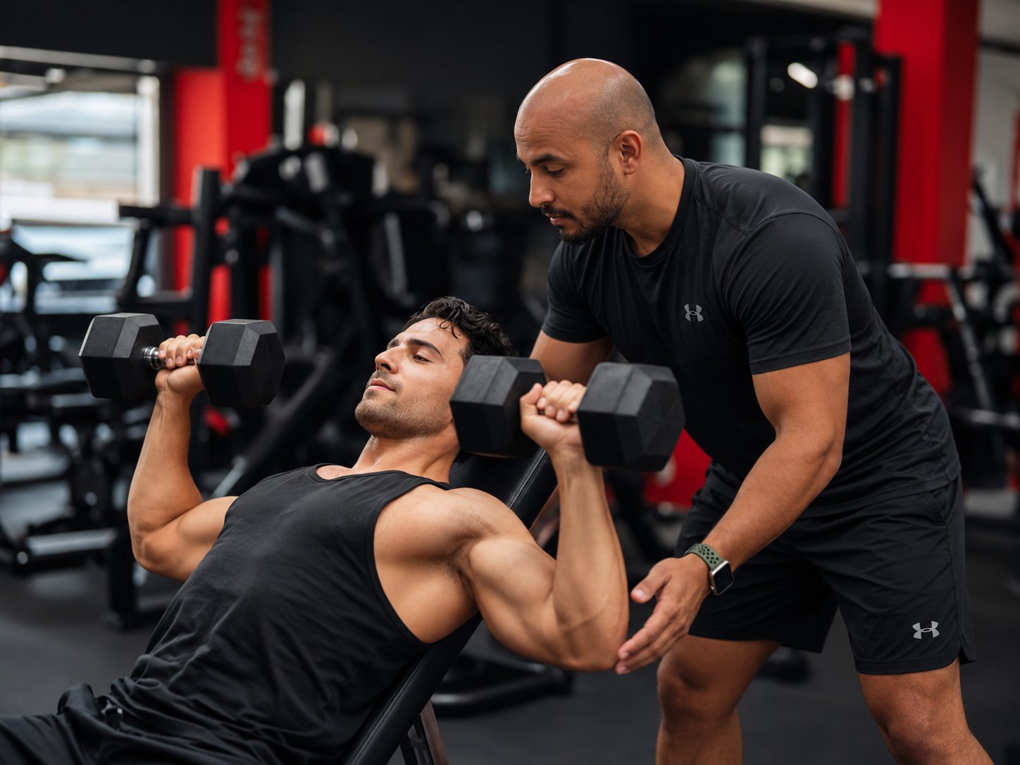 Coach spotting a client on an incline dumbbell press