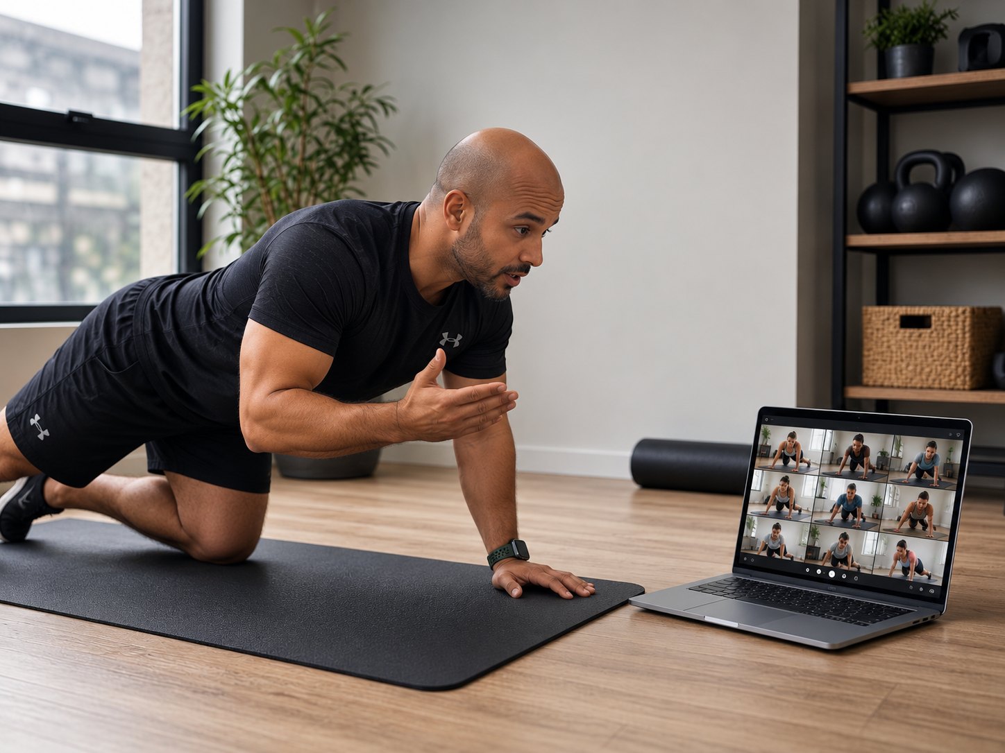 Coach leading a live online workout from a laptop
