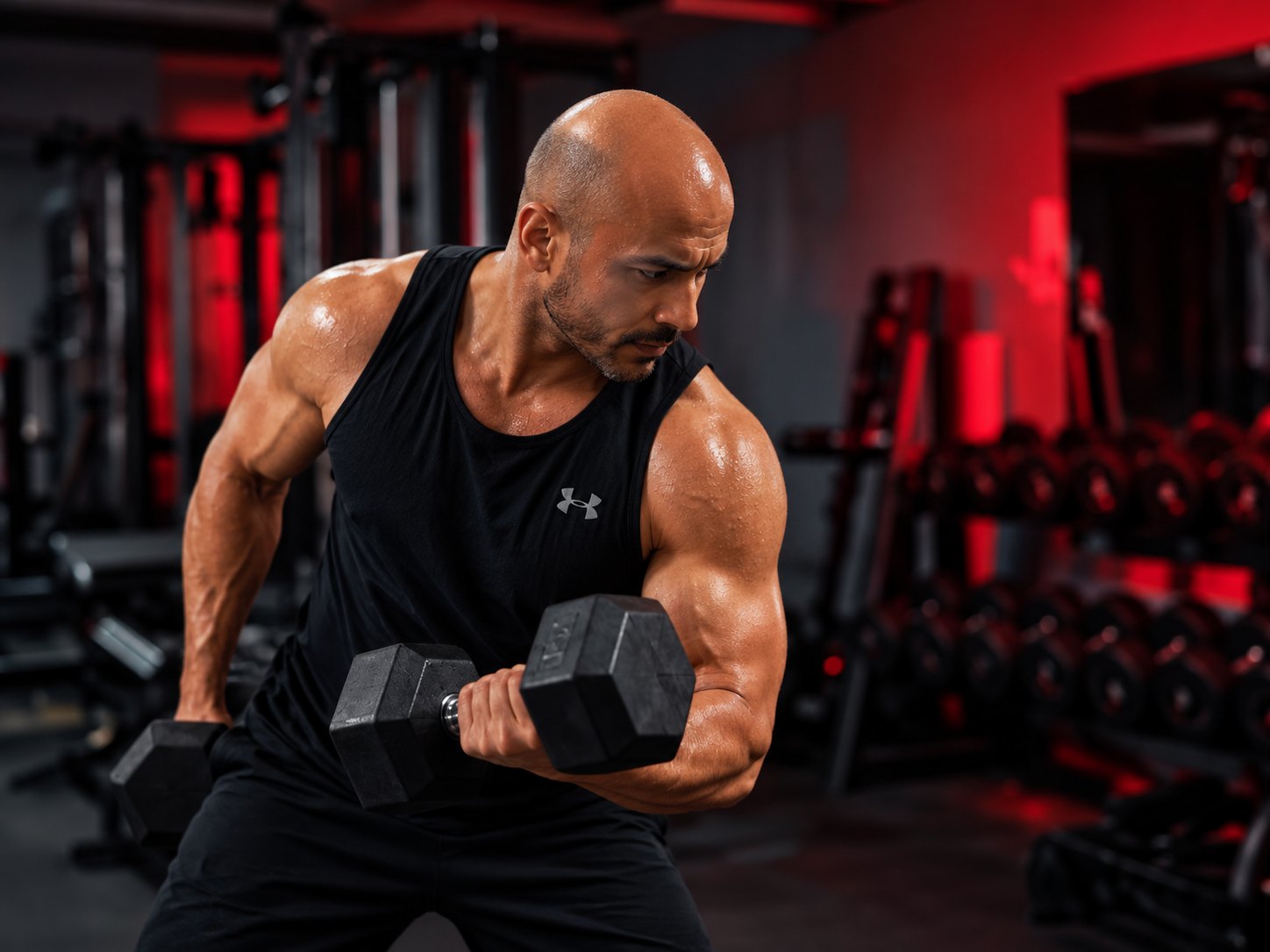 Athlete curling dumbbells in a red-lit gym